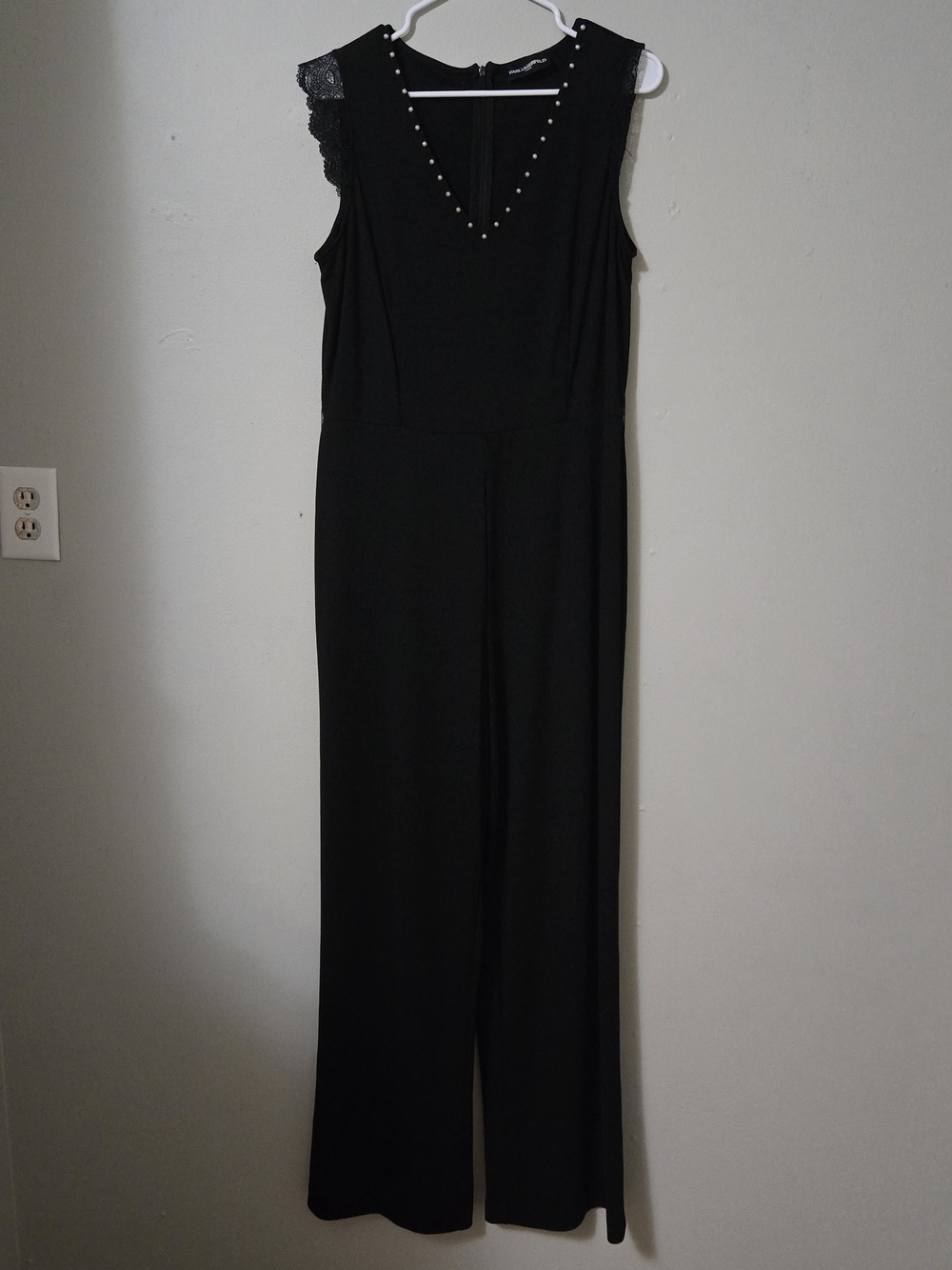 Sleeveless Black Jumpsuit with Pearl Beaded Neckline